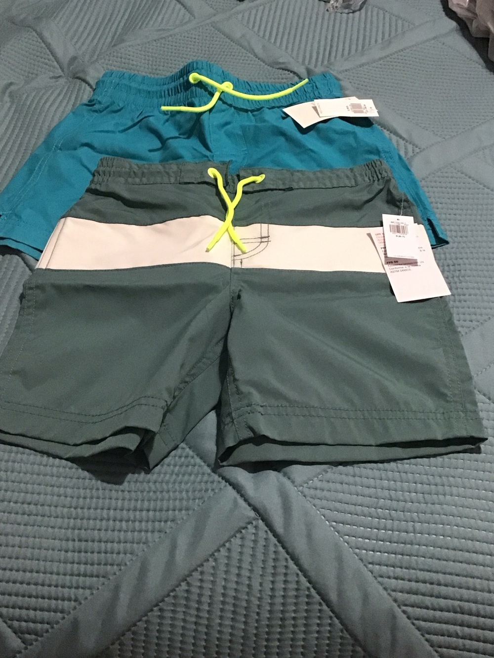 Old Navy Boys 1 Teal and 1 Green Swim Shorts with Neon Drawcord